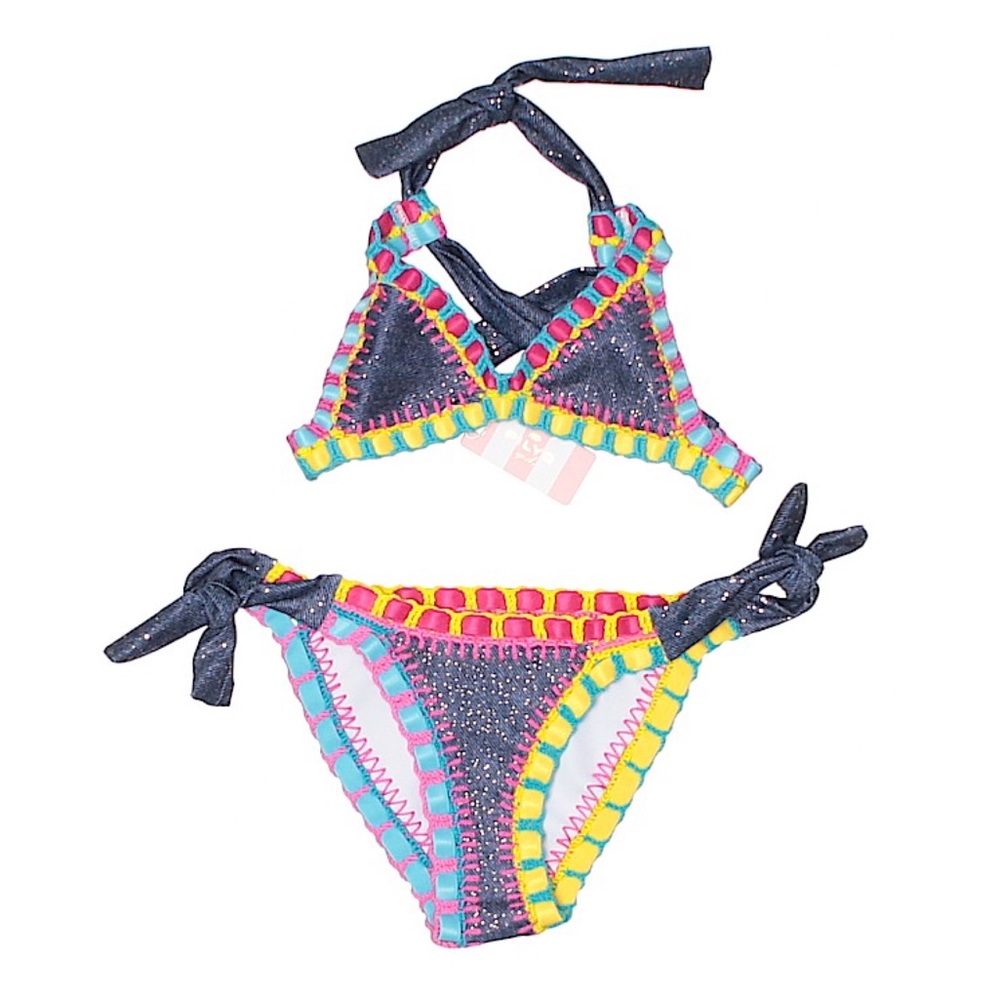 NWT PilyQ Girls Demin Sparkle Rainbow Bikini